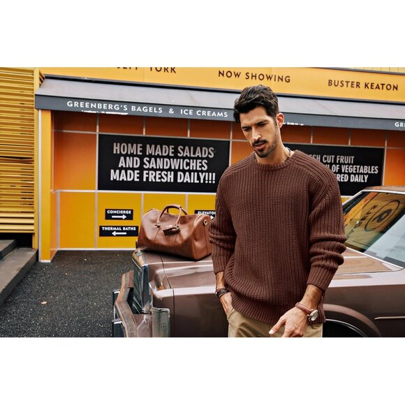 Men's Crewneck Knit Cozy Sweater Pullover Coffee Brown Casual Textured Size S-XL - Picture 4 of 7